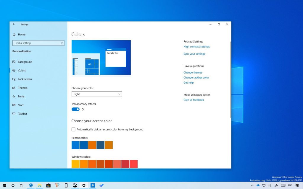 Colors in the Task Bars windows 10