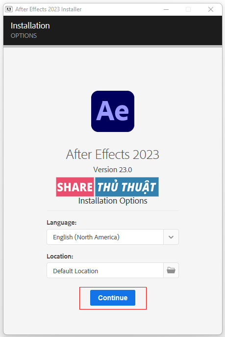 tiếp tục cài đặt Adobe After Effects 2023