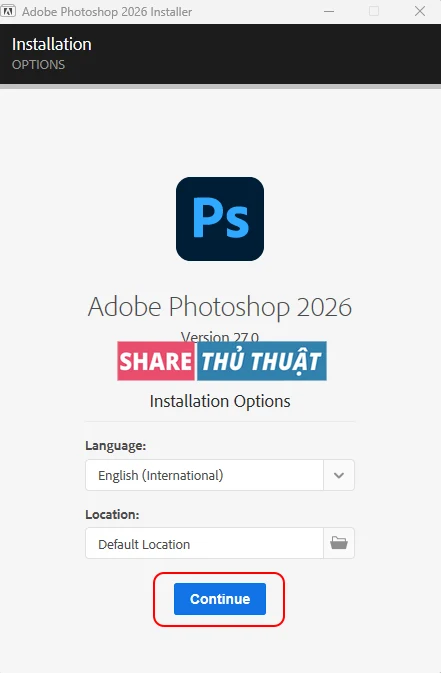 bắt đầu cài đặt Adobe Photoshop 2026
