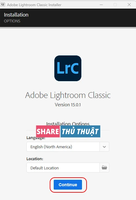 tiếp tục cài đặt Adobe Lightroom Classic 2026